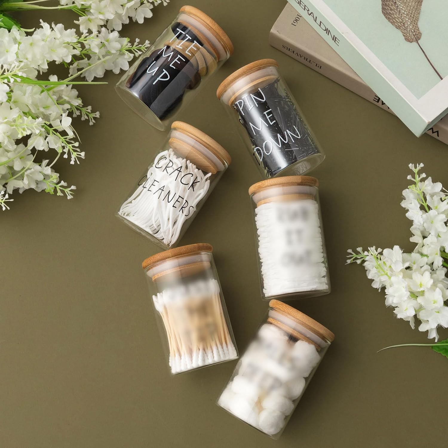 6 Pcs Apothecary Jars Glass Jars with Lids for Bathroom Holder Glass Cotton Ball Holder for Home Bathroom Farmhouse Storage Containers Makeup Organizer Decoration