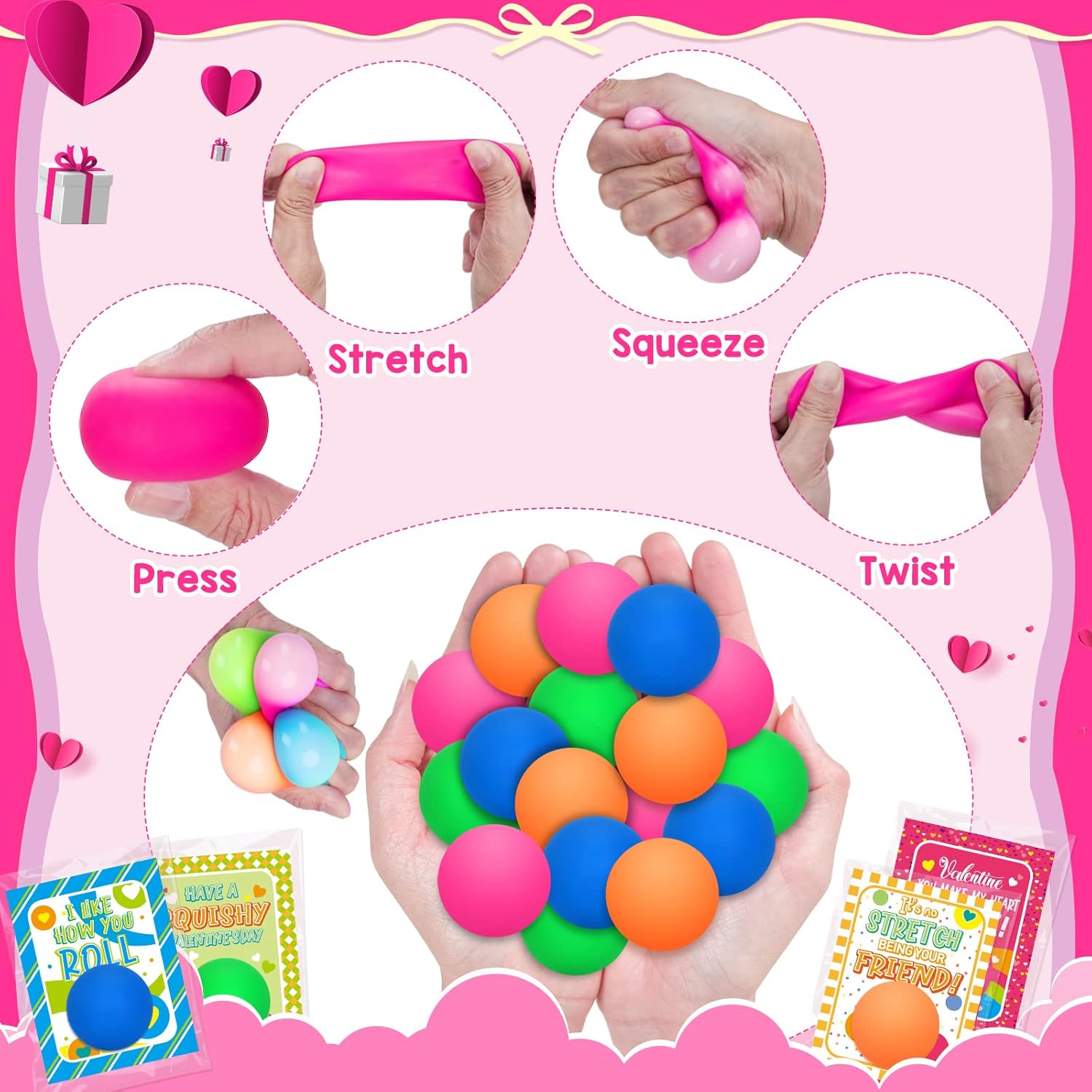 Valentine's Day Cards for Kids, 28 Packs Stress Ball Stretchy Toy with Valentine's Day Greeting Cards, Squishy Balls Valentine Gift Sets for Kids Classroom Exchange Prizes, Kids Party Favors Packs