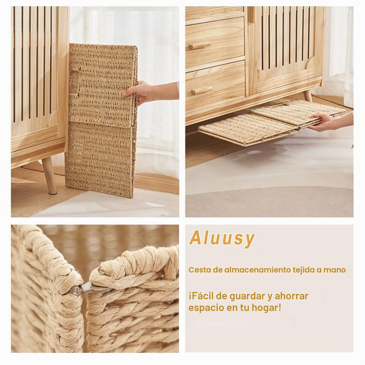 2 Cestas de Almacenaje, Cesta Mimbre Tejidas a Mano Cubo 28CM, Cesta Grande Plegable de Papel de Jacinto de Agua con Asas, Cesto Decorativo para Baño Estanterías Kallax Cocina