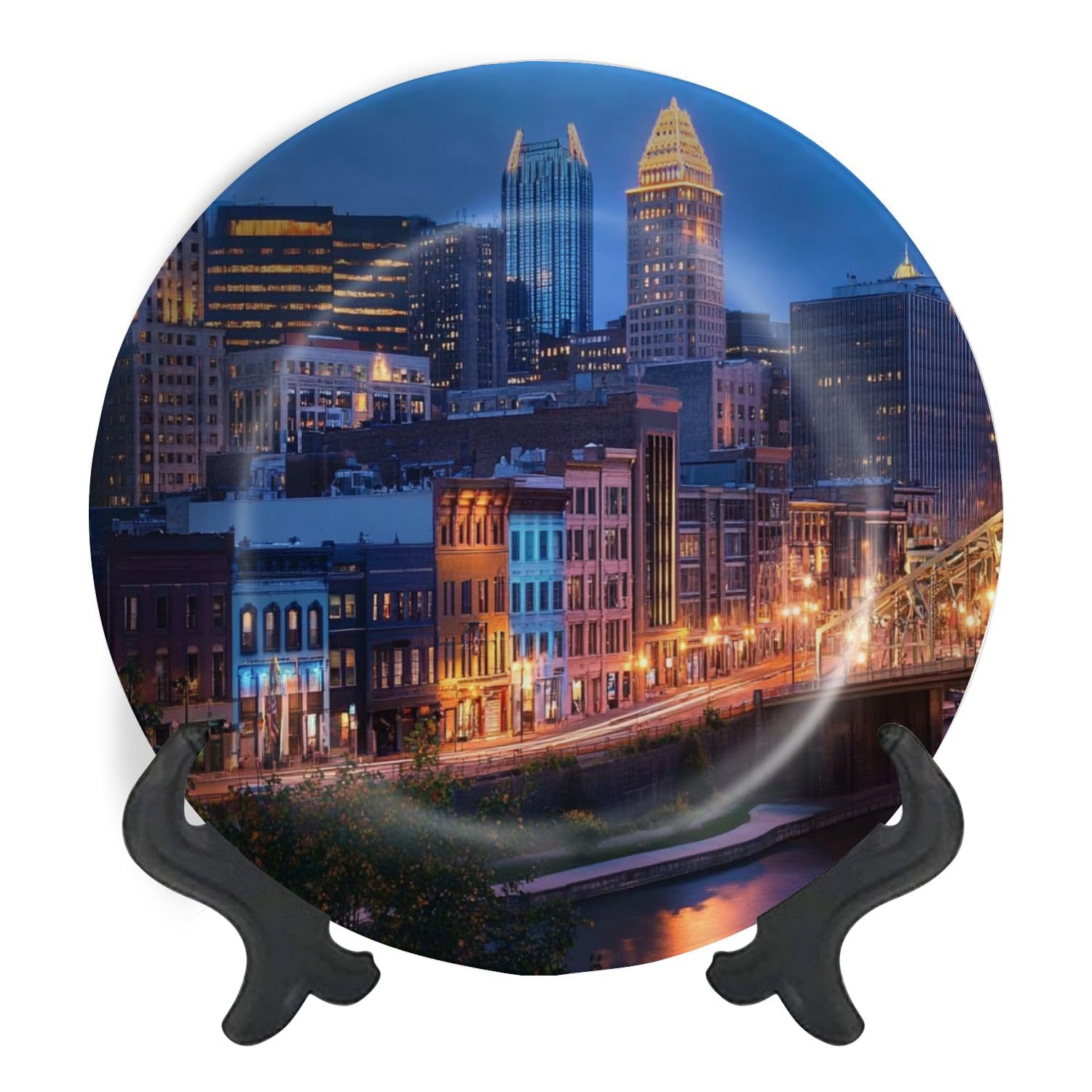 Decorative Plates for Display Cityscape Pittsburgh Evening Light Fort Pitt Bridge Blurry Ferry Gift Plates Ceramic Collections Plates Hanging Artwork for Living Dining Room Kitchen Souvenir