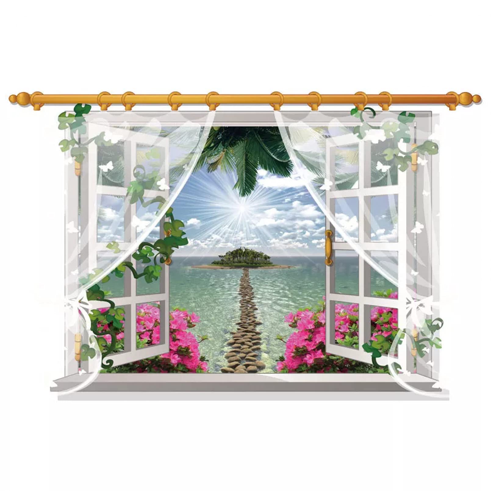 YUANCHENG Window Sea Island Landscape Wall Sticker Home Decor 3D Fake Window Wall Stickers