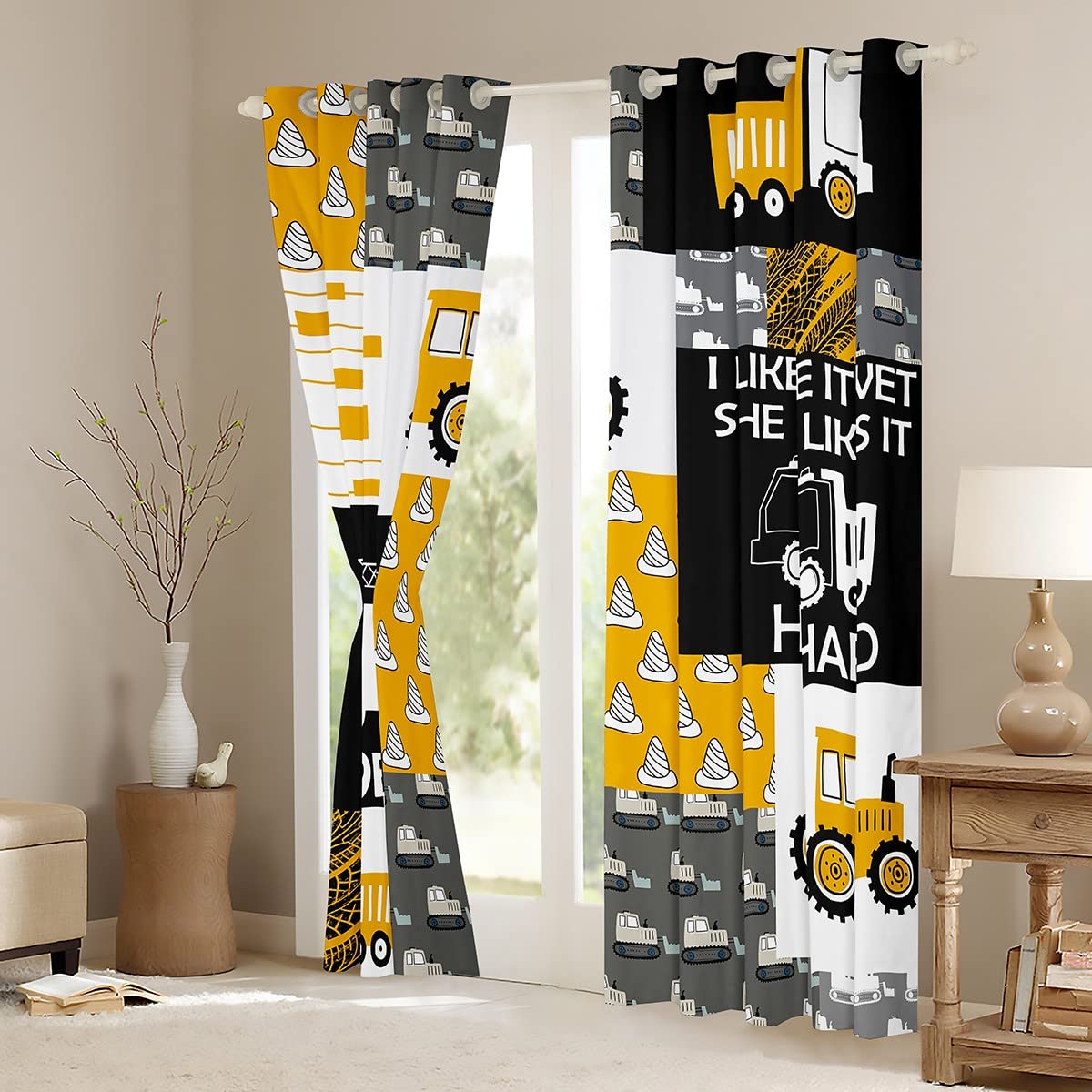 Cortinas amarillas para ventana de excavadora, diseño de caricaturas, para niños, construcción, cortinas opacas (30%-50%) maquinaria, camión, tratamiento de ventanas, cortinas de equipo agrícola, 46