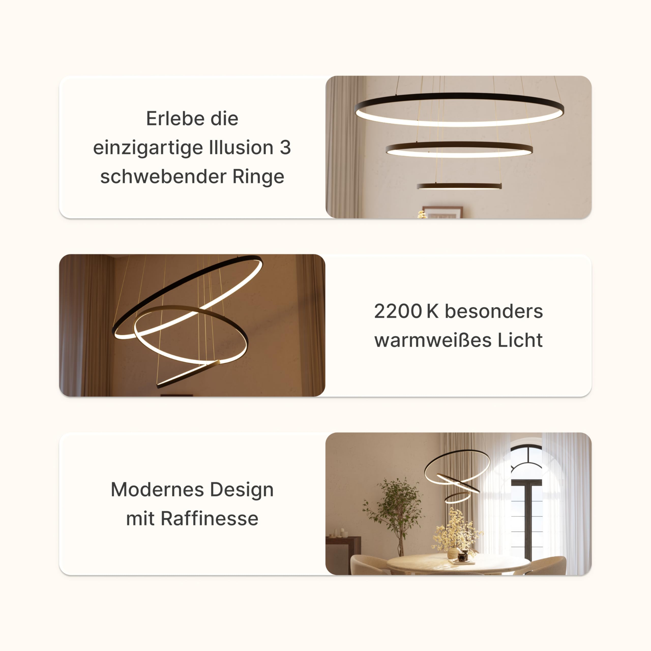 Deckenleuchte Pendelleuchte 'Omeva' dimmbar LED 3 Ringe Wohn & Esszimmer Moderne Hängelampe Esstisch Smart Home Amazon Alexa Google Home Tuya schwarz