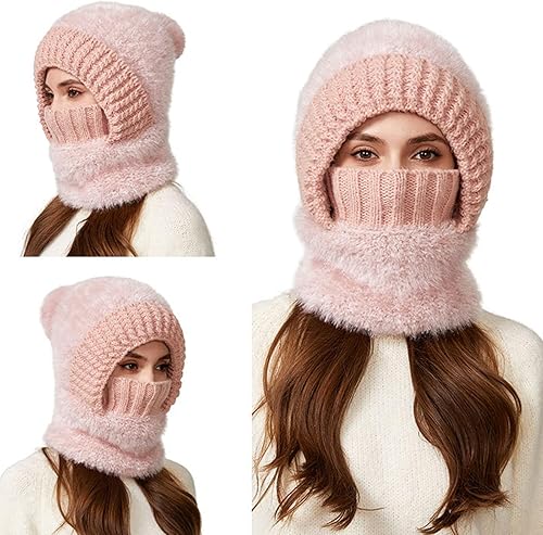 Miniatura 6 de Gorro 3 en 1 con bufanda y máscara, pasamontañas de invierno para mujer, de punto, máscara facial de esquí, sombrero para el frío