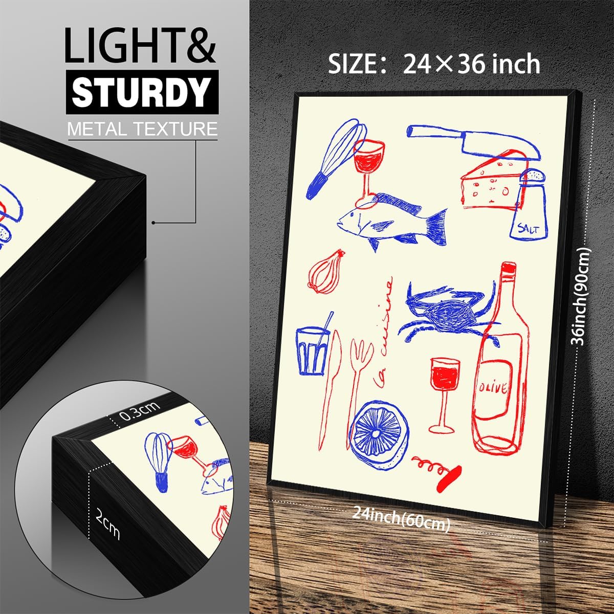 Vintage Red Blue Kitchen Canvas Wall Art Trendy Retro Food Poster 24X36 inch Black Framed Modern Minimalist Line Aesthetic Prints for Kitchen Dining Room Wall Decor