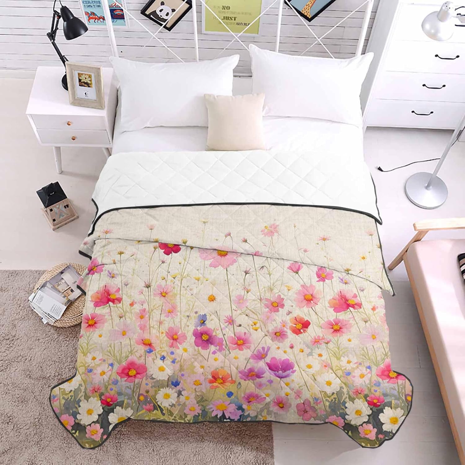 T&H XHome Quilt Oversized Queen Luxury Quilted Comforter Bedspread-Thin Soft Cozy, Watercolor Red Pink Floral Linen Texture Reversible Stitched Lightweight Quilt Coverlet for All Season
