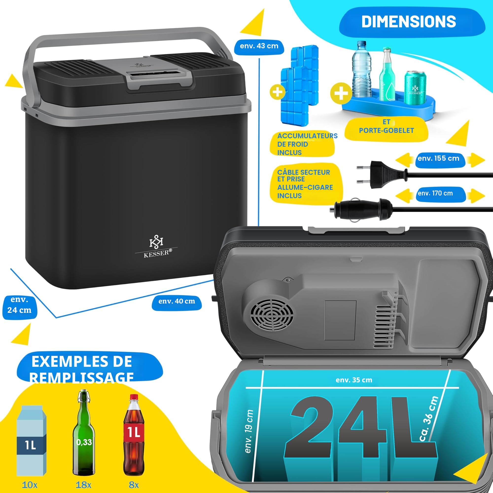 KESSER Glacière électrique 24 L 12 V/230 V mini réfrigérateur avec accumulateurs de froid A+++
