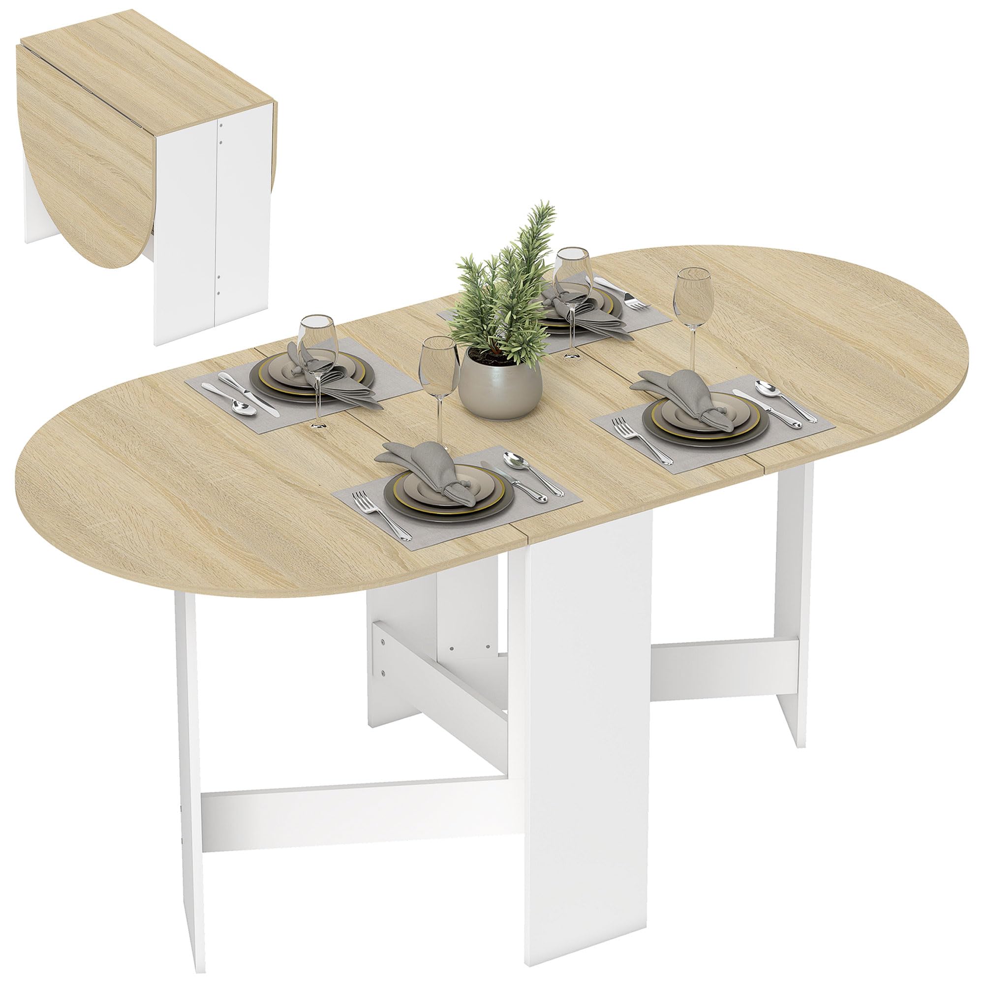 HOMCOM Tavolo da pranzo pieghevole fino a 6 persone in legno naturale e bianco | Tavolo pieghevole cucina ovale per piccoli spazi, sala da pranzo