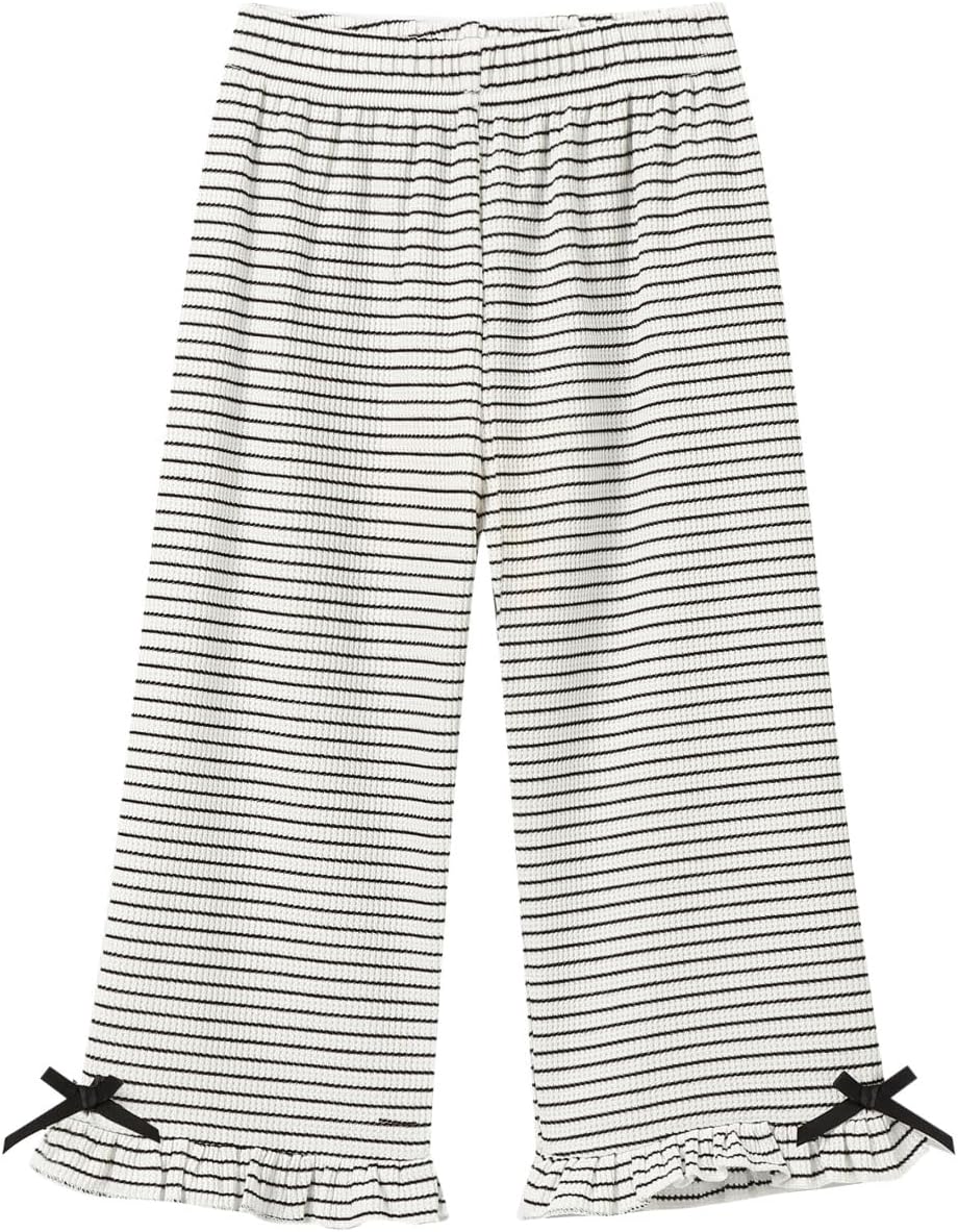 Mud Kingdom Girls' Straight-Leg Striped Pants with Bow Detail Casual Kids Trousers 2T-Size 8