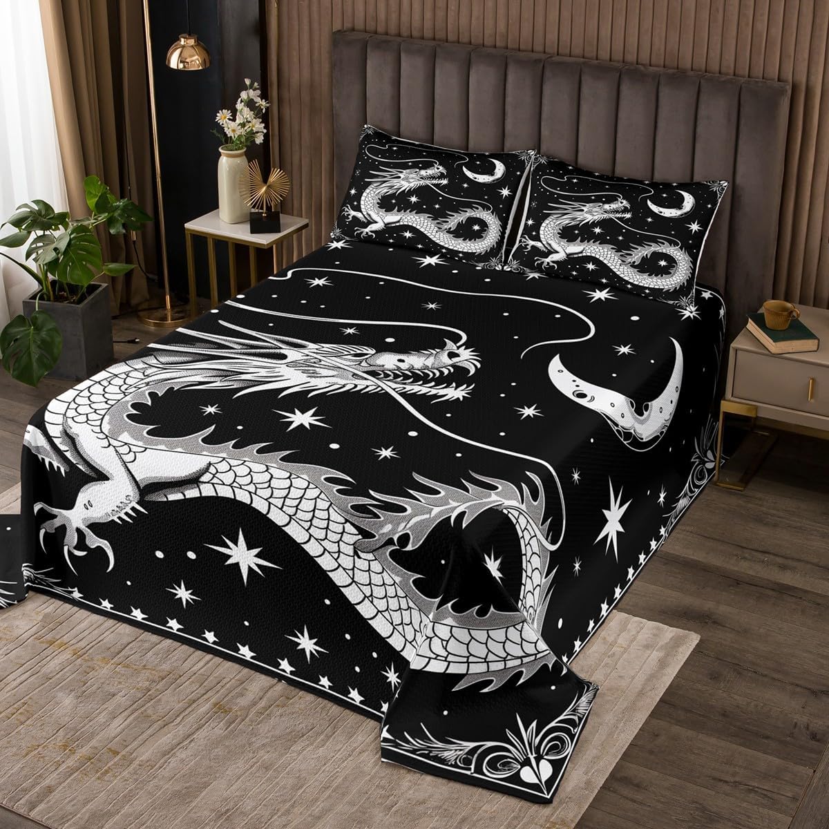 Feelyou Dragon Bedspread Chinese Dragon Bedspread for Kids Boys Girls Boho Moon Galaxy Dragon Coverlet Set Black White Quilted Bedroom Collection 2Pcs Twin Size