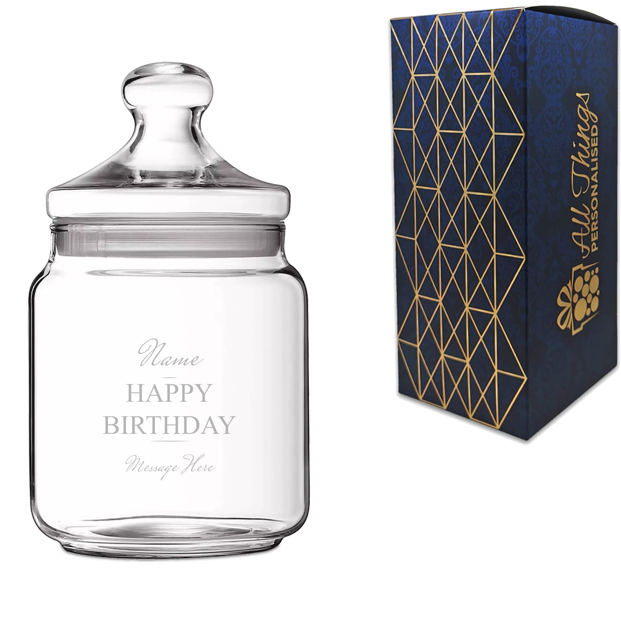 Personalised 0.75 Litre Glass Sweets Biscuits Jar with Happy Birthday Design, Custom Laser Engraved Treat Jar with Lid, Personalised Birthday Gift for Him and Her, Gift Box Included