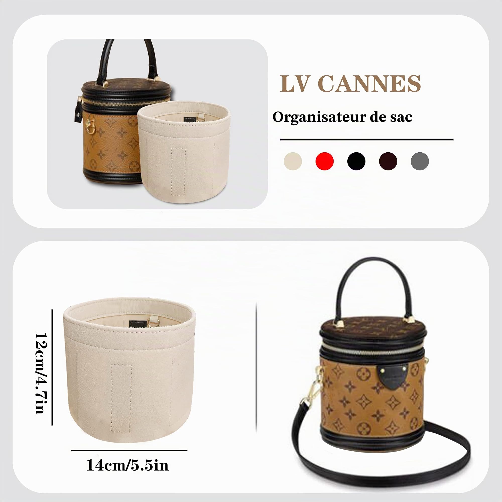 Organiseur de sac à main en feutre pour sac cylindrique Cannes, organiseur fourre-tout pour femme, beige