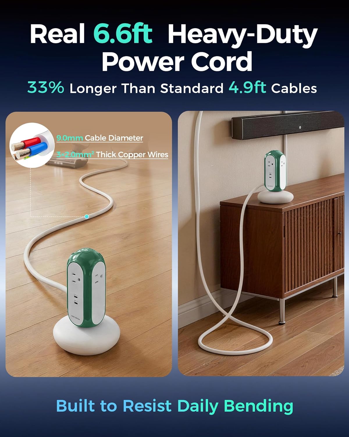 MiaoLab Power Strip Tower with 2 USB-C Ports (30W) + 4 AC Outlets, 1420J Surge Protector Power Strip with Overload Protection, 6.6FT Extension Cord with Multiple Outlets, 1875W/15A Charging Station