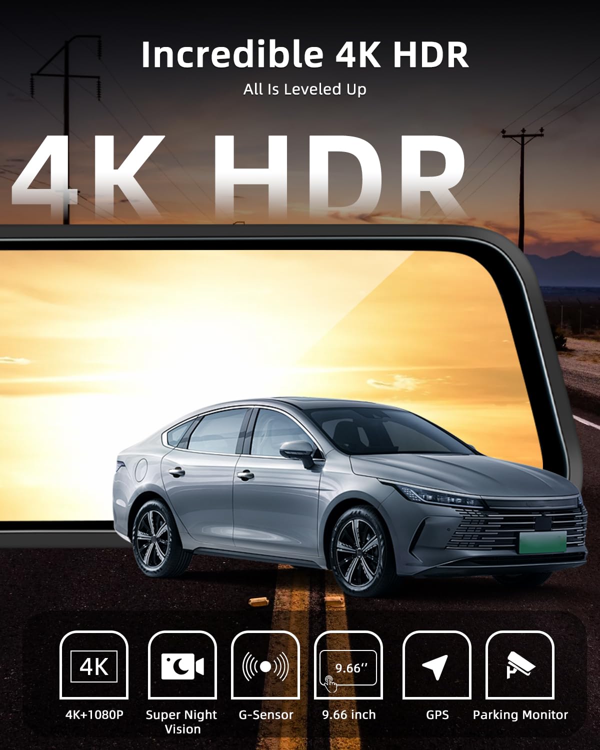 4K Mirror Dash CAM con 1080P Backup Camera - 9.66 Inch Touchscreen Dashcam Soporte Parking Monitoring BSD Loop Recording G-Senors WiFi 150°Wide Angle + 64GB SD Card