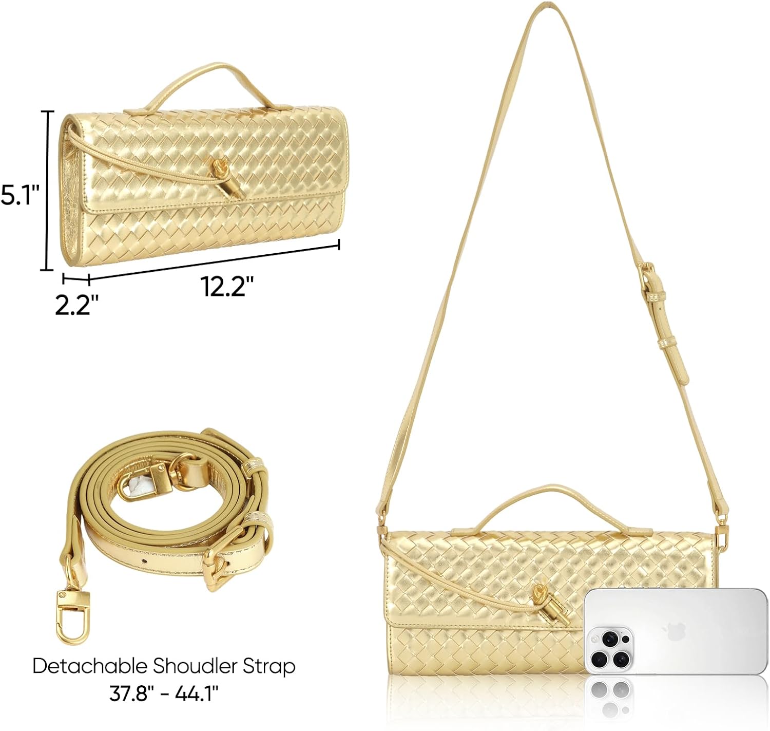 Pu Leather Evening Bag For Women,Woven Black Clutch Purse, Wedding Woven Purse Bag 11.8" x 1.7" x 4.9" - Image 5