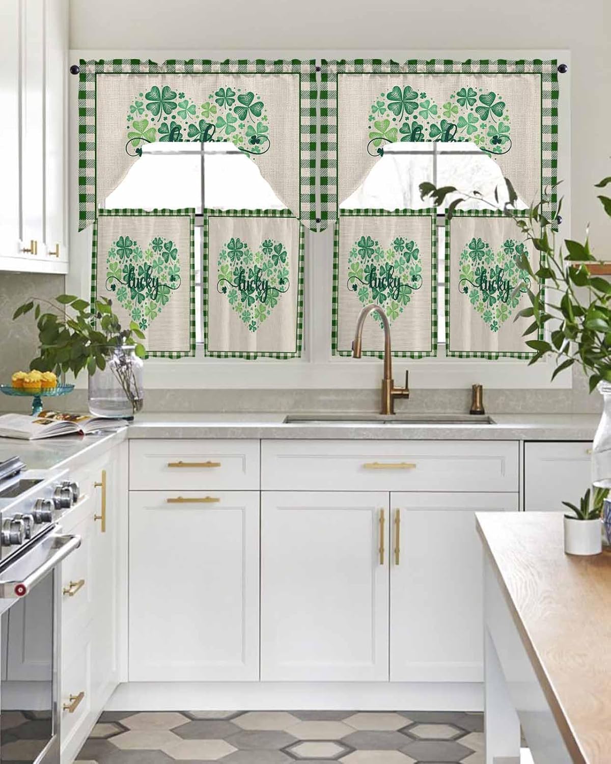 St. Patrick's Day Swag Kitchen Curtain Sets with Valance,3 Pieces Rod Pocket Curtain Drapes for Bedroom Bathroom Cafe Windows,Ireland Shamrock Love Heart Buffalo Plaid 56''x36''&24''x27.5''x2Panels