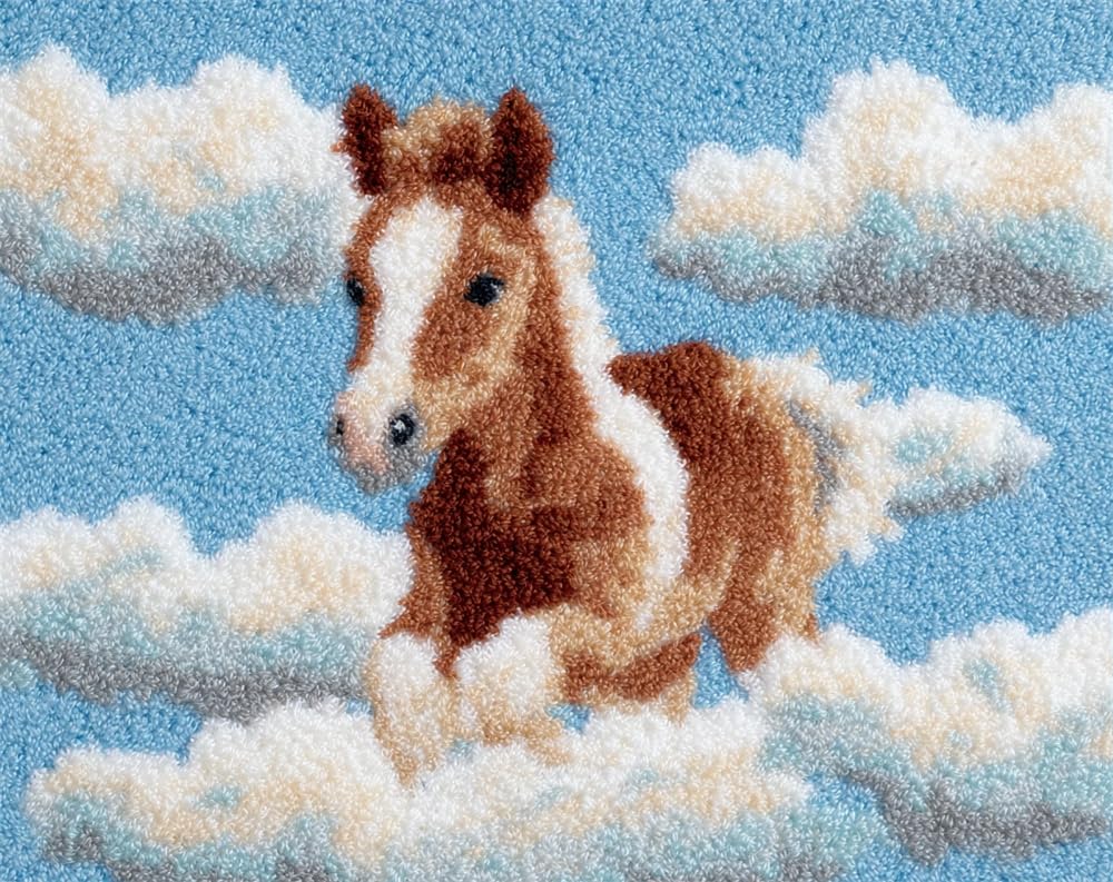 Kitquiver DIY Latch Hook Rug,Baby Horse On A Cloud,Crochet Kits Embroidery Kits Home Carpet Rug Making Canvas,Needlework Crafts for Home Decor 39X55In