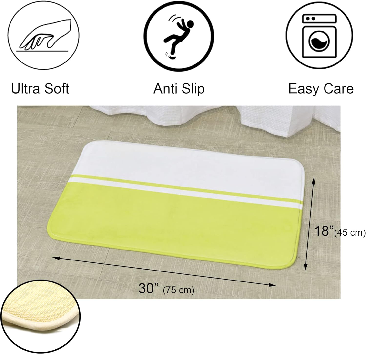 EVIDECO French Home Goods Lime Green Bath Mat, Bi-Color Microfiber Bathroom Rug - 30" L x 18" W - Soft, Absorbent, and Comfortable