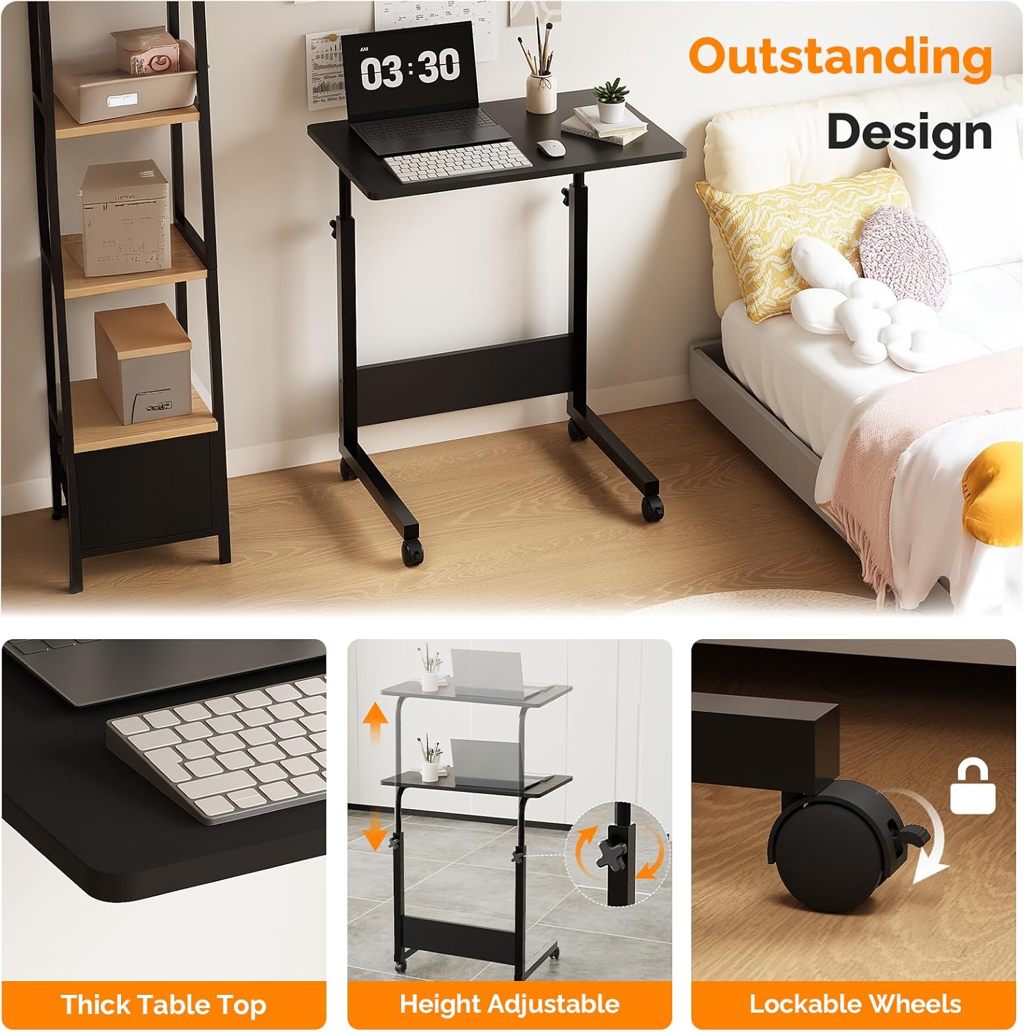 FCH Portable Computer Workstation, Standing Desk Adjustable Height, Small Computer Desk w/Rolling, Sit Stand Laptop Desk TV Tray for Bed Sofa Hospital Reading Eating, Black, 23.6"