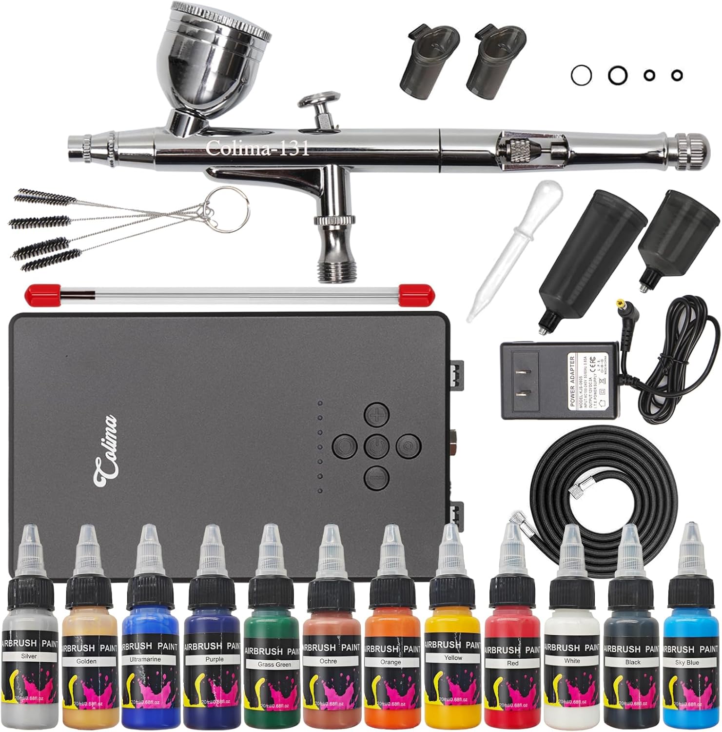 Colima Dual-Action Airbrush Kit with Compressor—55PSI High Pressure 7 Adjustable Settings 12 Paint Set & Cleaning Kit for Models, Miniatures, Hobby Art