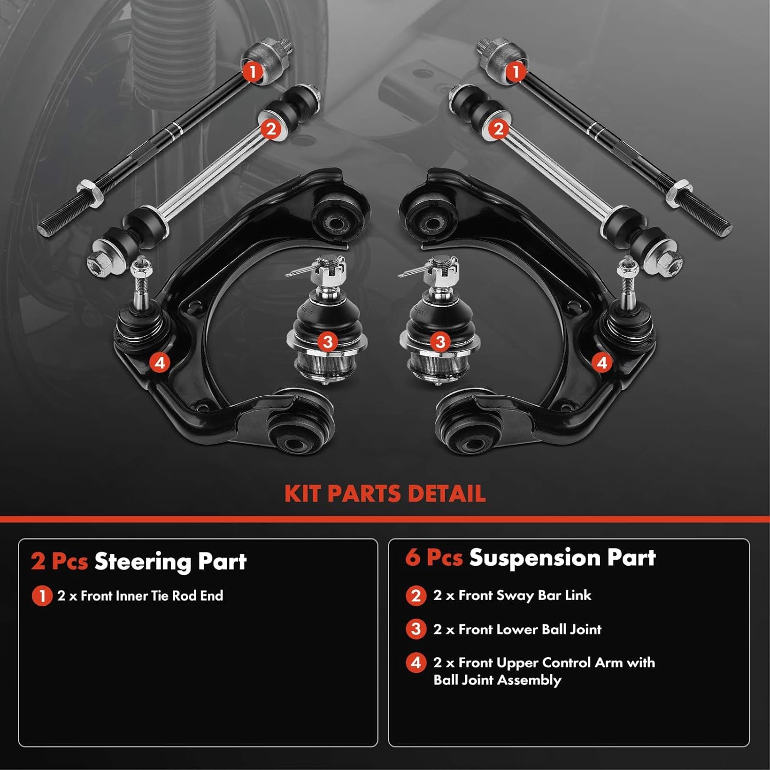 A-Premium Set of 8, Front Upper Control Arm, Sway Bar Link, Lower Ball Joint, Inner Tie Rod End, Compatible with Ford Explorer 2006-2010, Explorer Sport Trac 2007-2010, Mercury Mountaineer 2006-2010