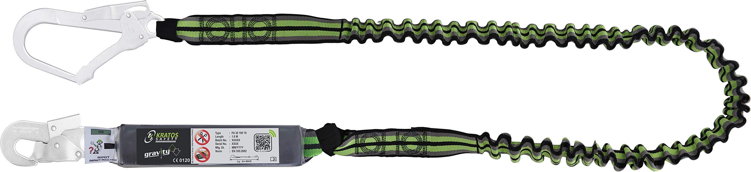 Kratos Safety Verbindungsmittel aus elastischem Gurtband mit Falldämpfer und 2 Karabiner, 2 m, PSA, EN355