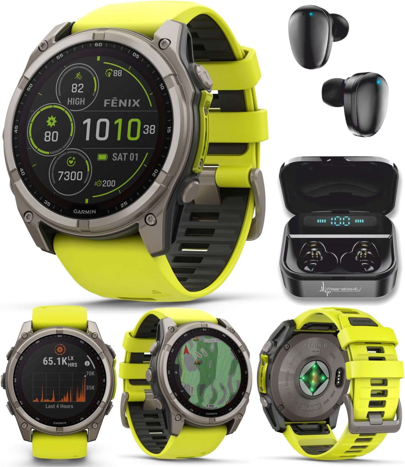 Wearable4U Garmin Fenix 8 – 51 mm, Solar, Sapphire Amp Yellow/Graphite Silicone GPS Smartwatch Black Earbuds Bundle