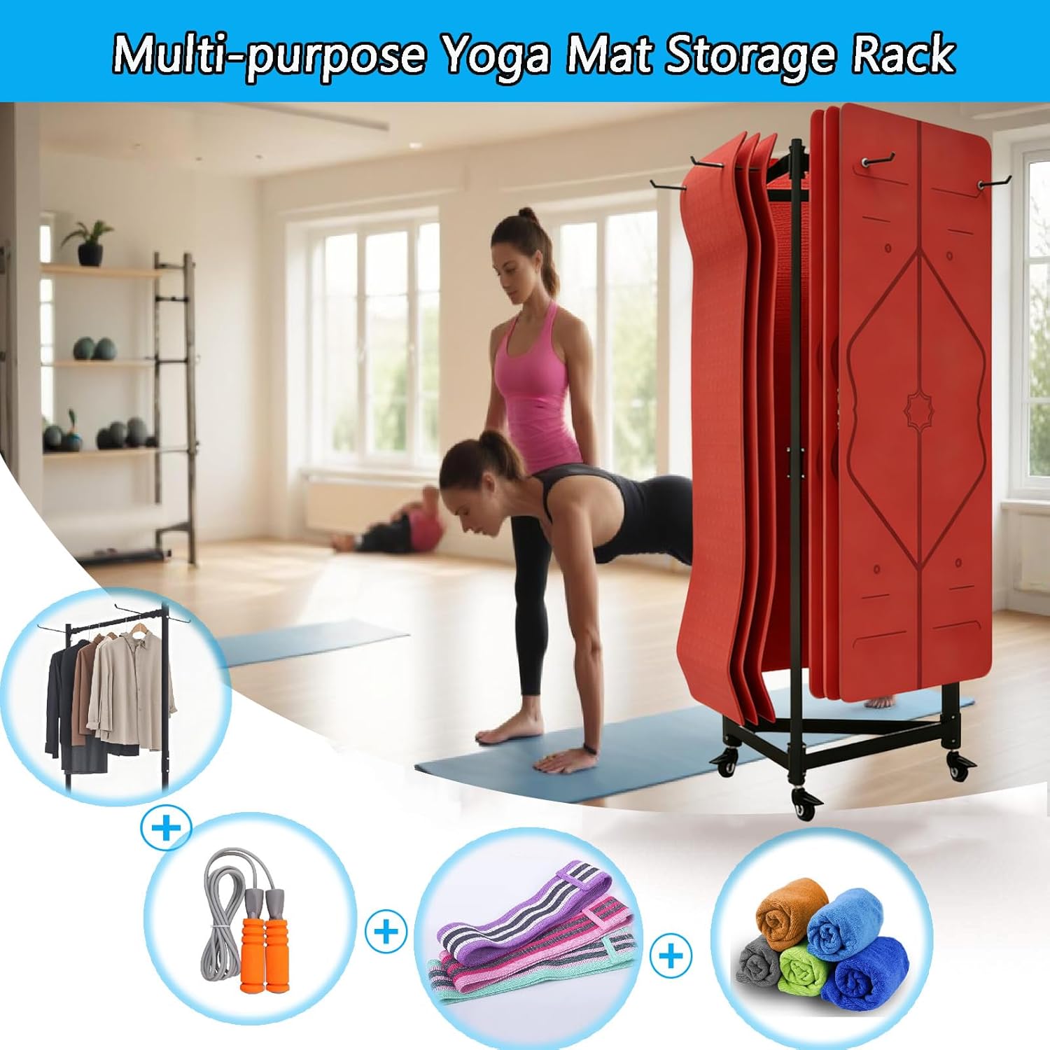 YTLEMON Yoga Mat Holder Hanging, Floor Rolling Yoga Mat cart, Large Capacity Storage Rack, with Includes Hole Punch, Metal Square Tube Storage Shelf for Home Gym,Fitness Club,Yoga Studio (Black B)
