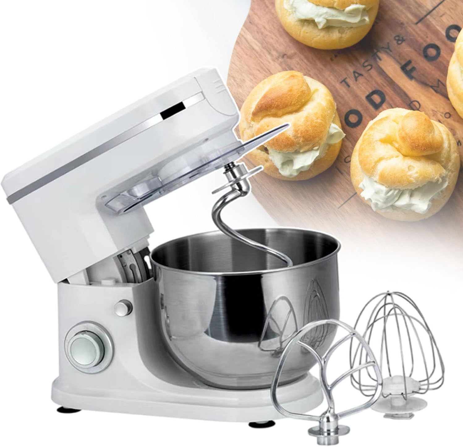 Food Mixer Dough Blender, Large Capacity Mixer, Electric Mixer, Easy to Use and Sweep, with Dough Hook and Stainless Steel Egg Basket and Mixing Paddle,White,White