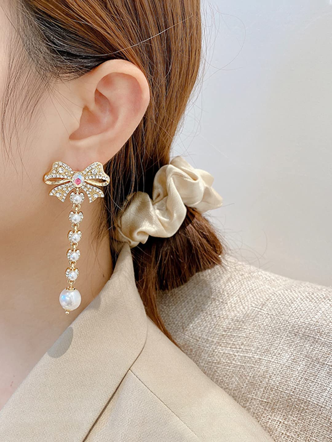 Crystal Dangler Earrings with Bow Shaped Pearl Danglers