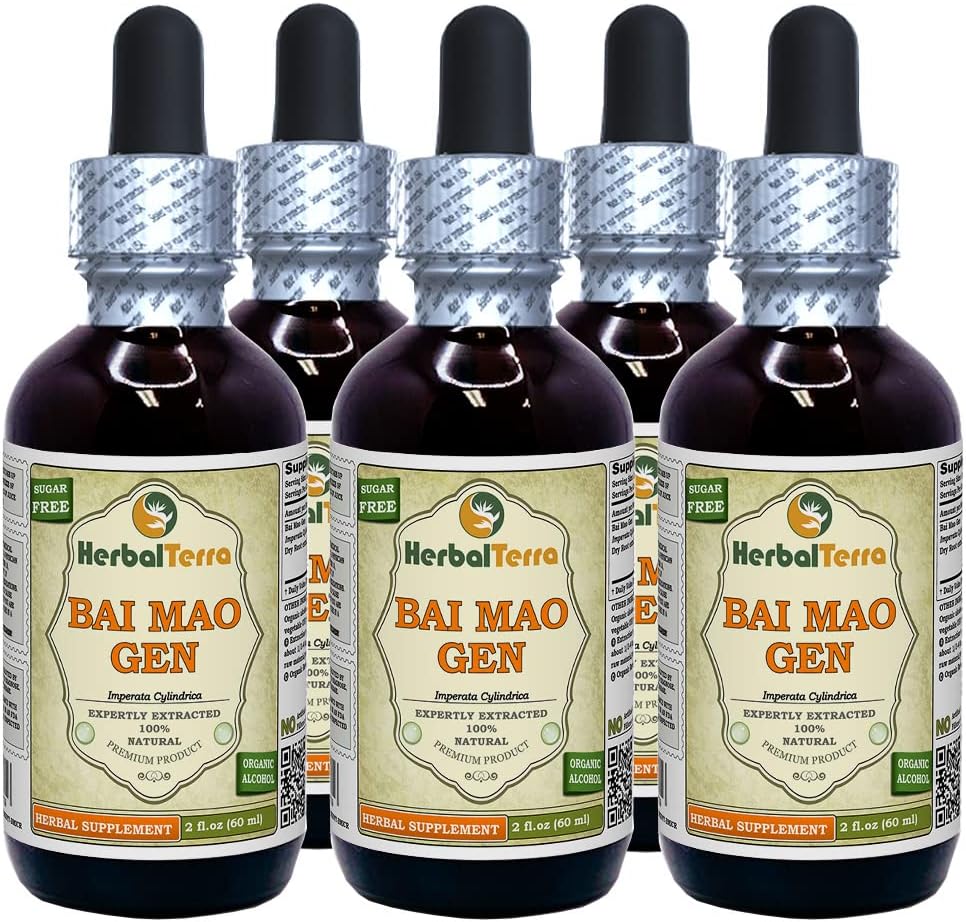 Bai Mao Gen (Imperata Cylindrica) Glycerite, Dried Roots Alcohol-Free Liquid Extract (Brand Name: HerbalTerra, Proudly Made in USA) 20x4 fl.oz (20x120 ml)