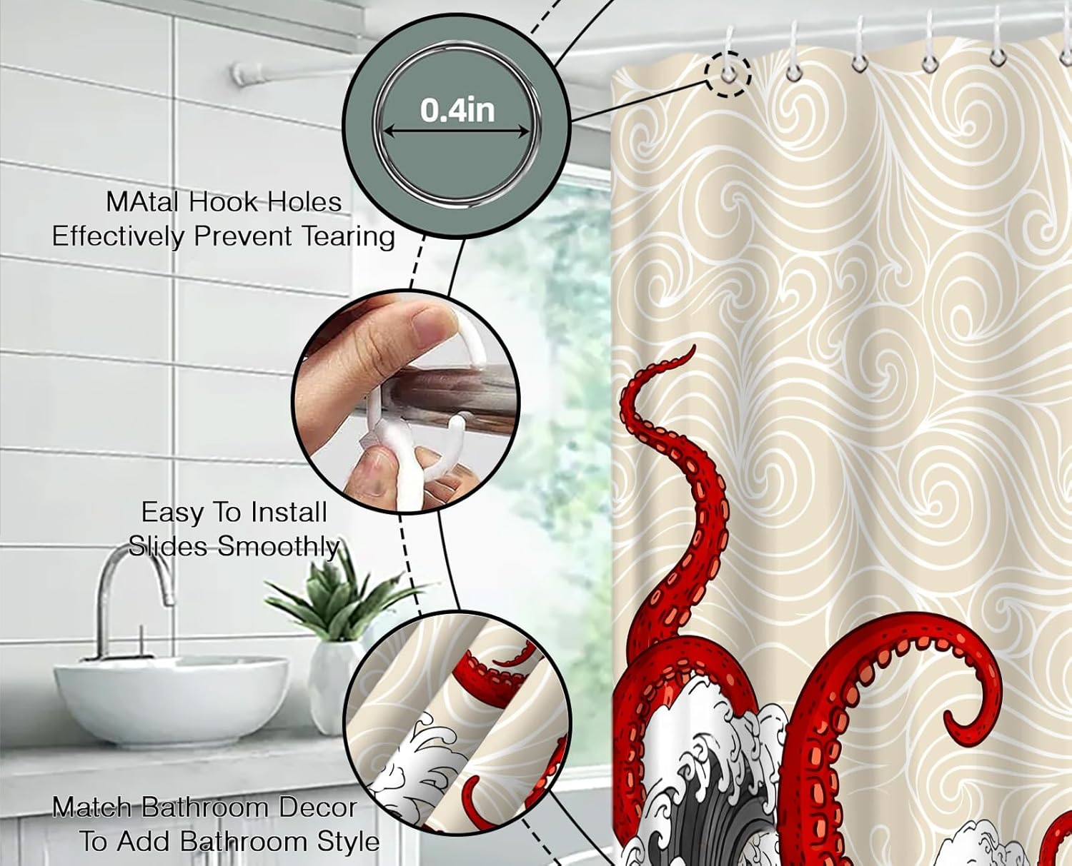 Kraken Shower Curtain Red Octopus Painting Sea Karken Ocean Animal Red Tentacles Vintage Colorful Fashion Underwater Life Creatures Polyester Bathroom Decorative Curtain with Hook