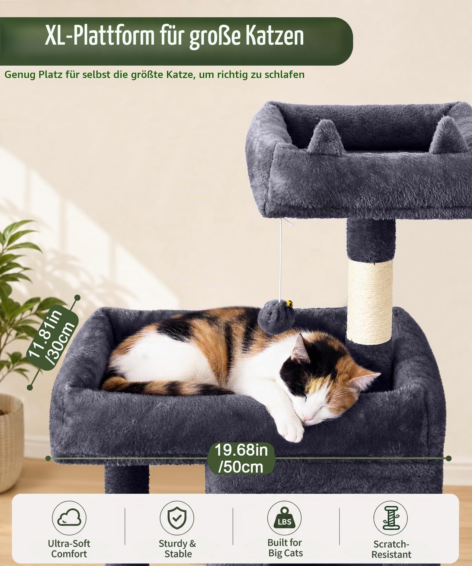 Kratzbaum, 173 cm hoch, Katzenbaum für große Katzen | XL Mehrstöckiger Katzenkratzbaum mit 2 Gemütliche Höhlen, 2 Plattformen, Korb, Kratzbrett, Sisal Kratzbaum, Plüschbälle