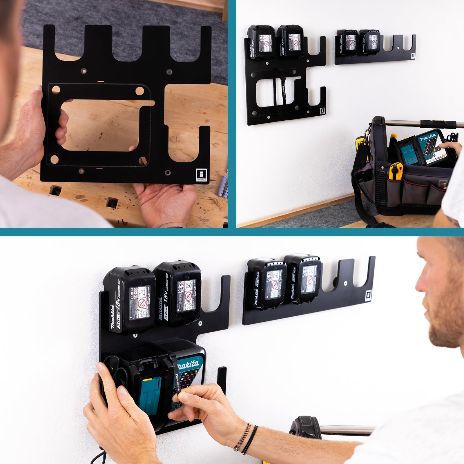 TAKE&GO Wandhalterung für Makita Akkus und Ladegerät – mit cleverer Ladegerät-Befestigung für festen Halt sowie einzigartige Flexibiltät und Mobilität beim Laden (Farbe: Schwarz)