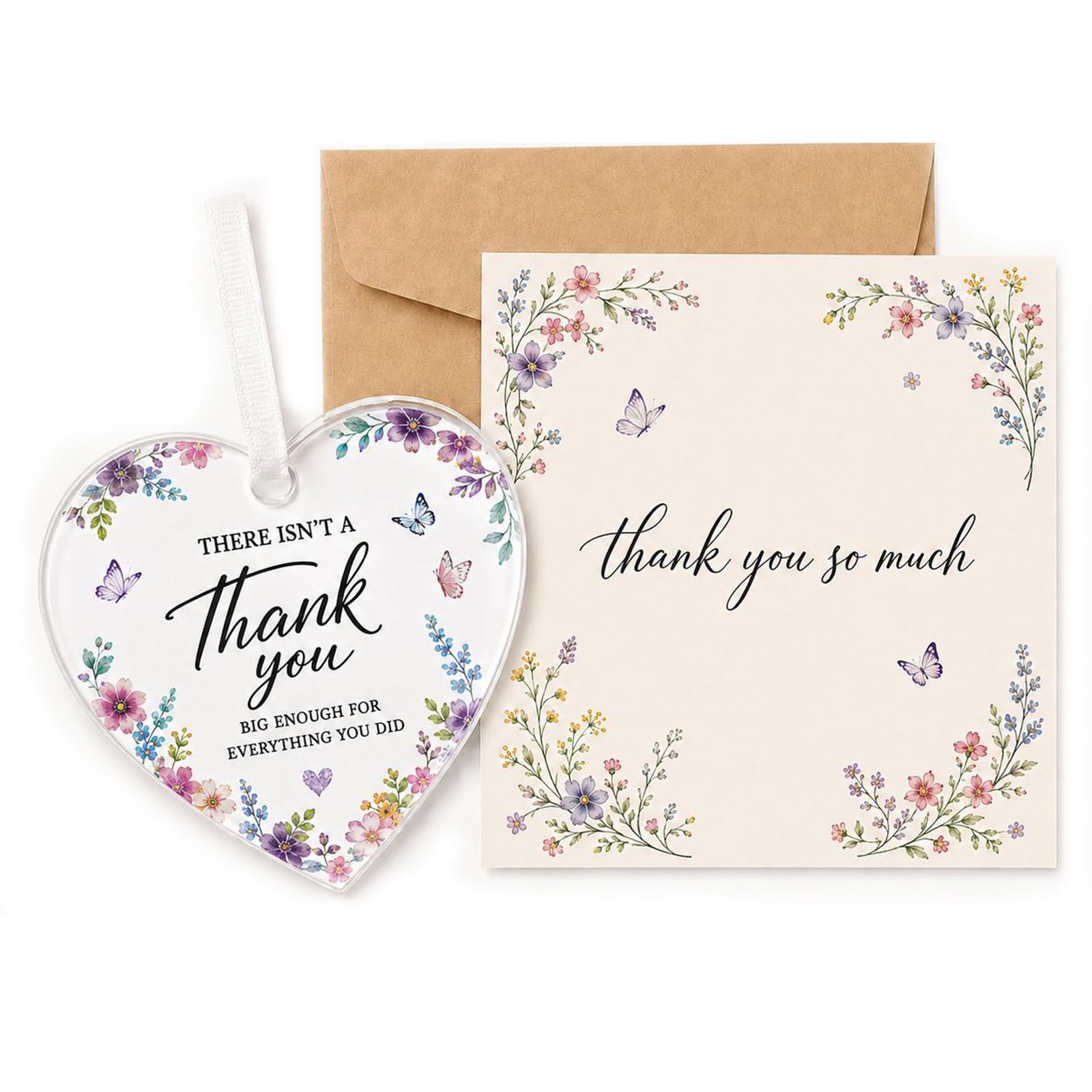 Thank You Card Set with Acrylic Heart Tag, Leaving Goodbye Card for Women Teacher Nurse Colleague Friend, Blank Note Card with Kraft Envelope, Retirement Appreciation Gift