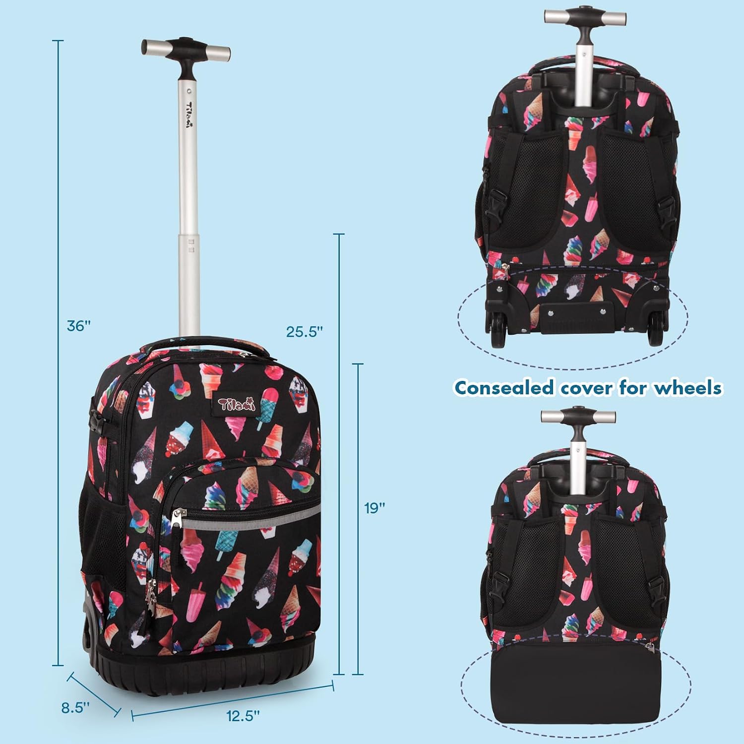Tilami Rolling Backpack for Kids 19 inch with Lunch Bag Wheeled Laptop Backpack,Ice cream image 2