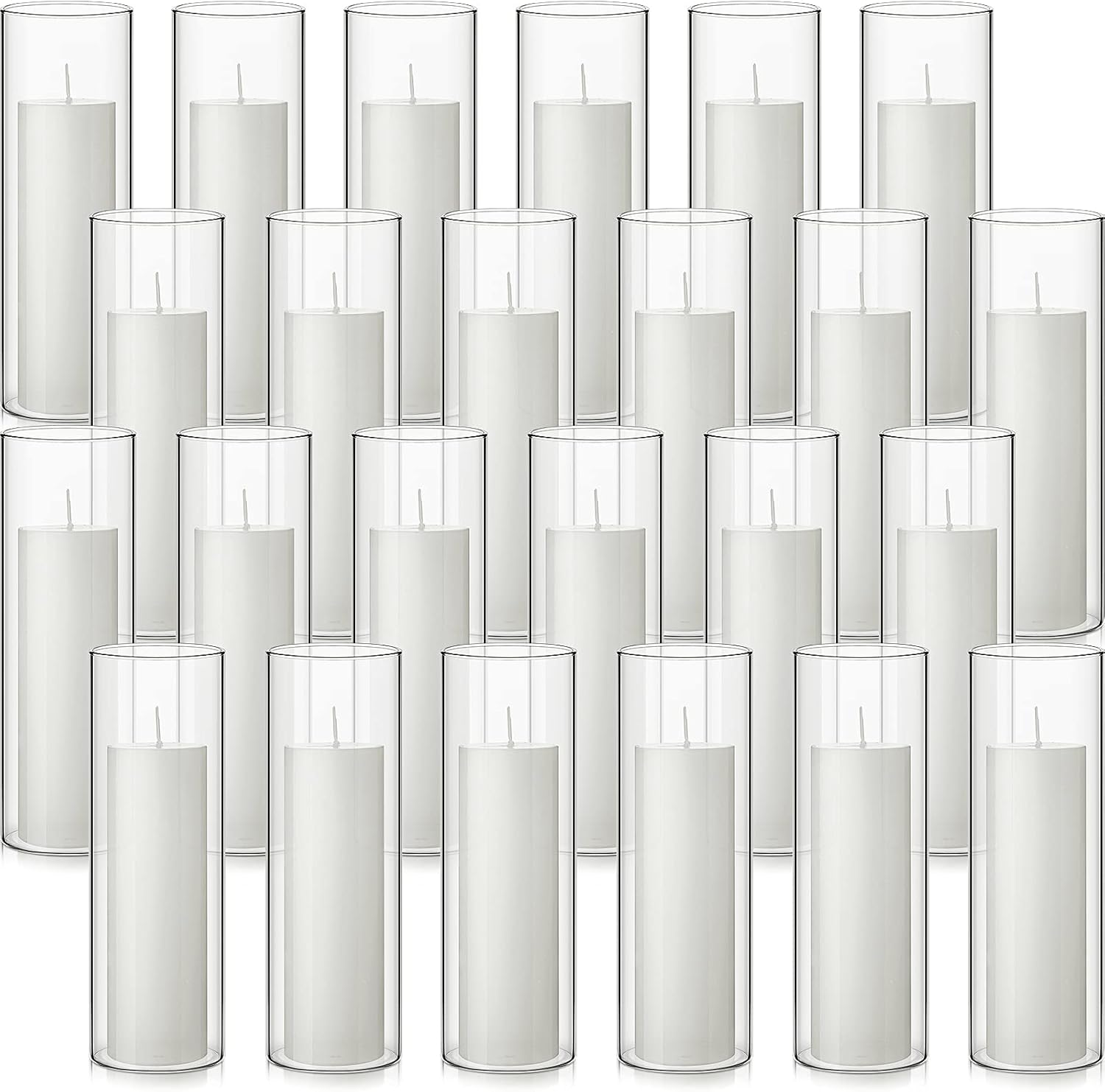 24 Set White Pillar Candles and Glass Candle Holders, Clear Cylinder Vases for Slim Pillar Candles Wedding Centerpieces