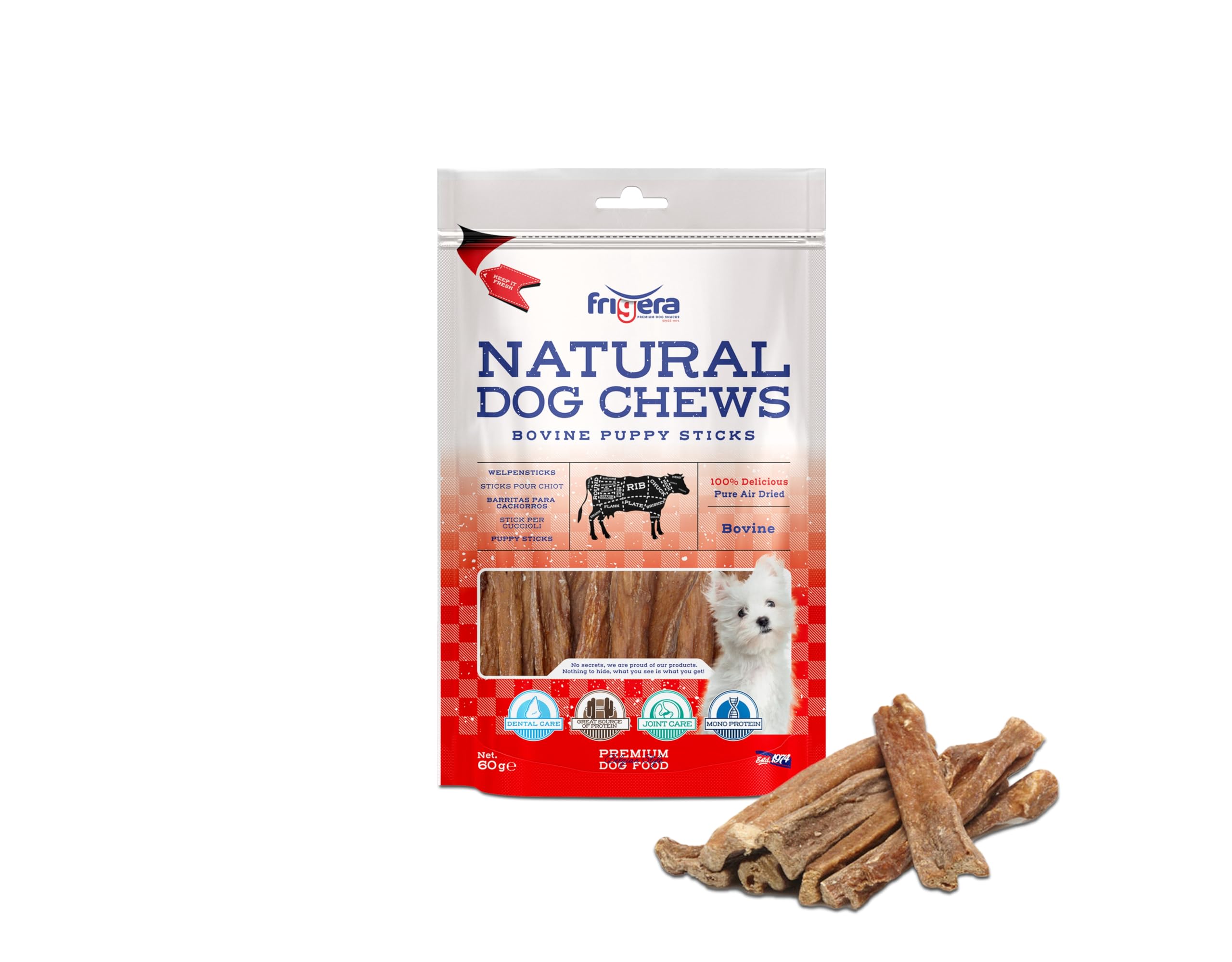 Frigera Bacchette per cuccioli, 60 g, naturali, ricchi di proteine, per cuccioli, senza glutine e cereali, snack per cani di alta qualità senza additivi
