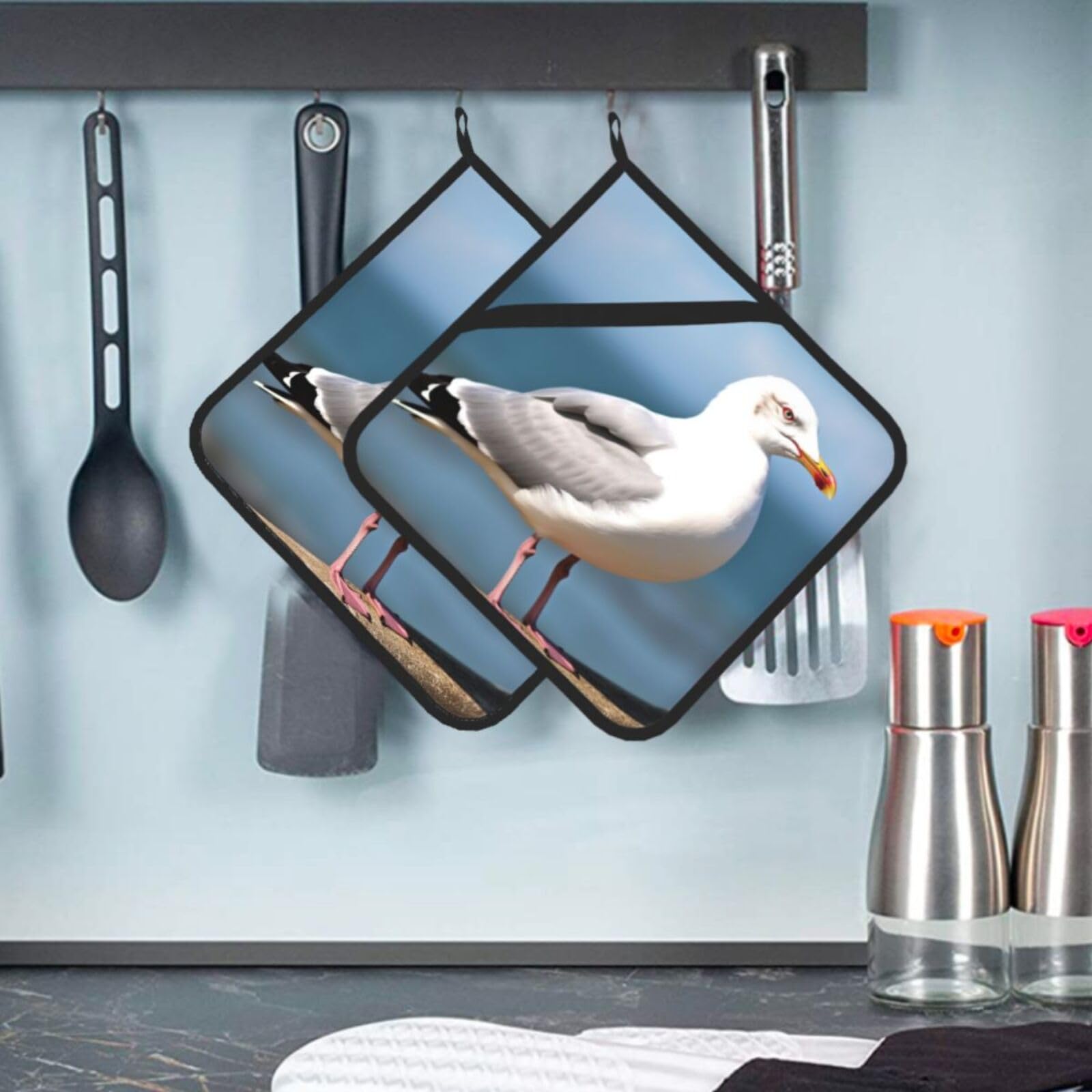 2 Pcs Pot Holders for Kitchen Heat Resistant Cotton Potholers Cute Seagull Oven Hot Pads for Microwave Cooking Baking BBQ