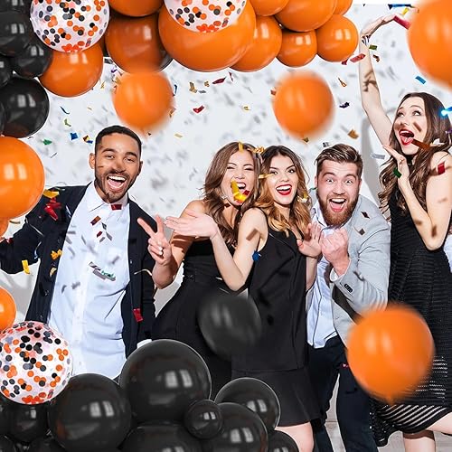 Miniatura 6 de Globos negros y naranjas, globo de confeti negro y naranja de 12 pulgadas para celebración de Halloween, fiesta de truco o trato, barra espeluznante