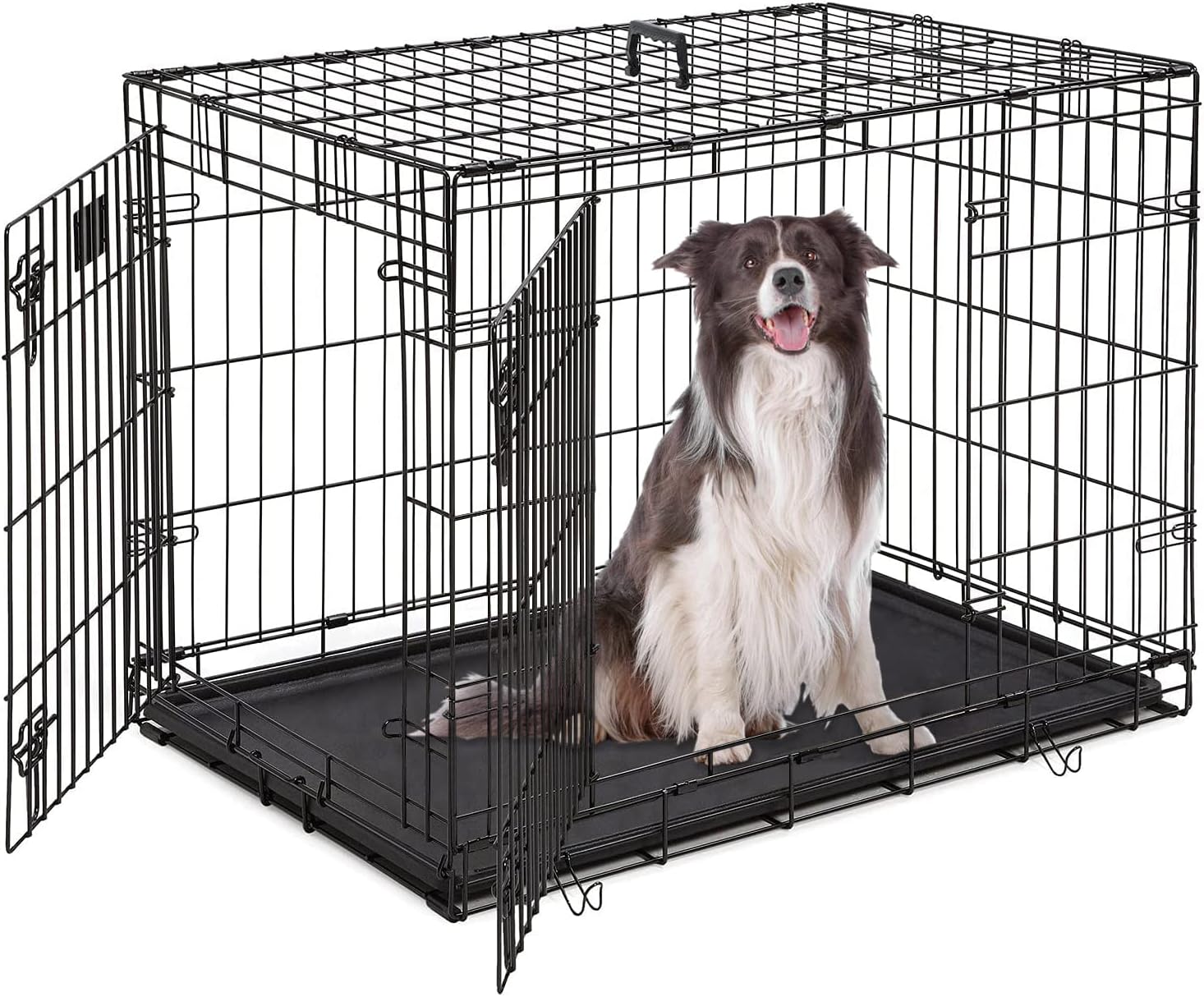 HCY Folding Metal Dog Crate - 42 Inch Double Doors Kennel with Divider Panel for Small/Medium/Large Dogs - Indoor/Outdoor Travel Use (Black)