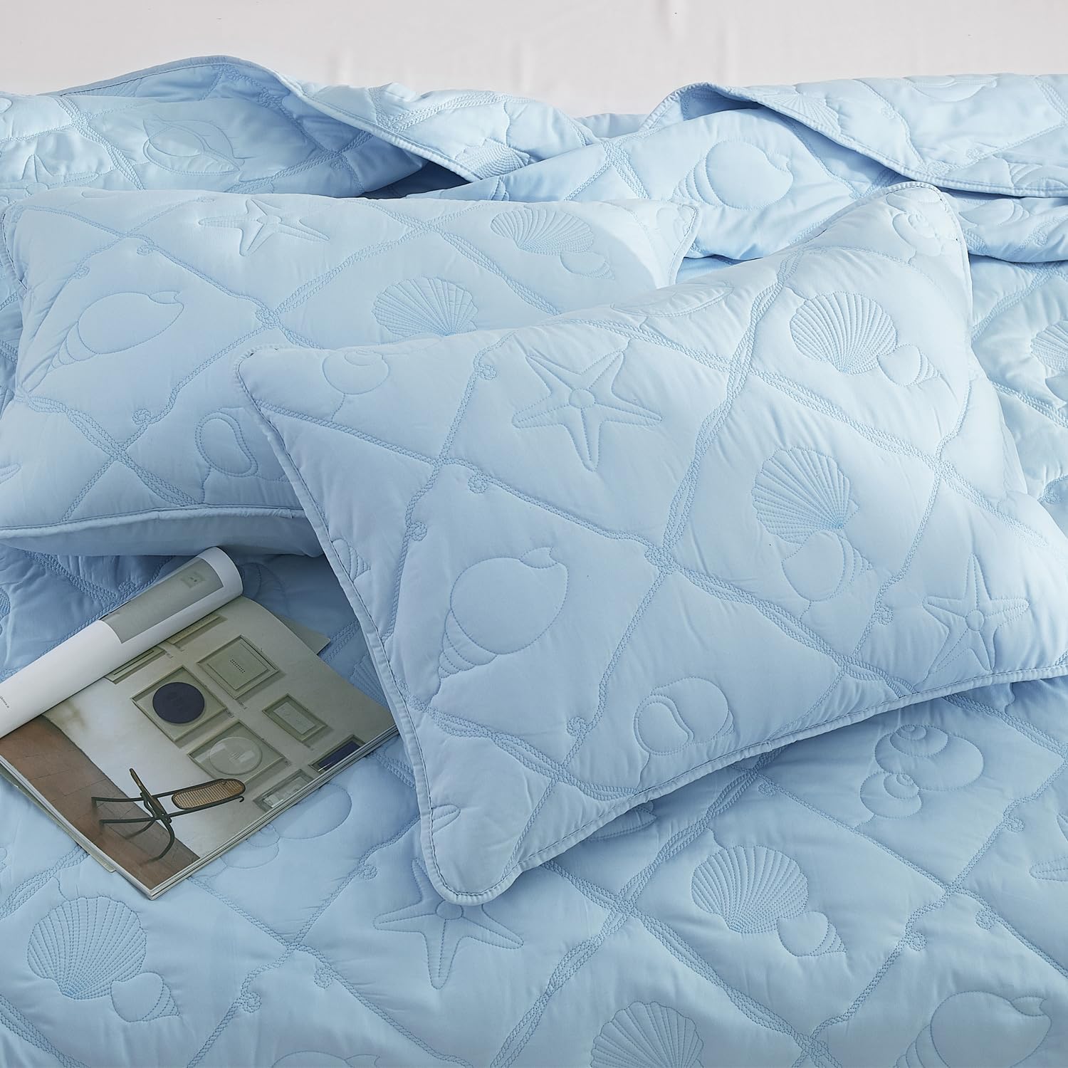 EVENHUG Coastal Quilt Sets King Size Summer Soft Lightweight Beach Bedding Set with Pillow Shams Nautical Bedspread Coverlet for All Season (Blue 102''x92'')