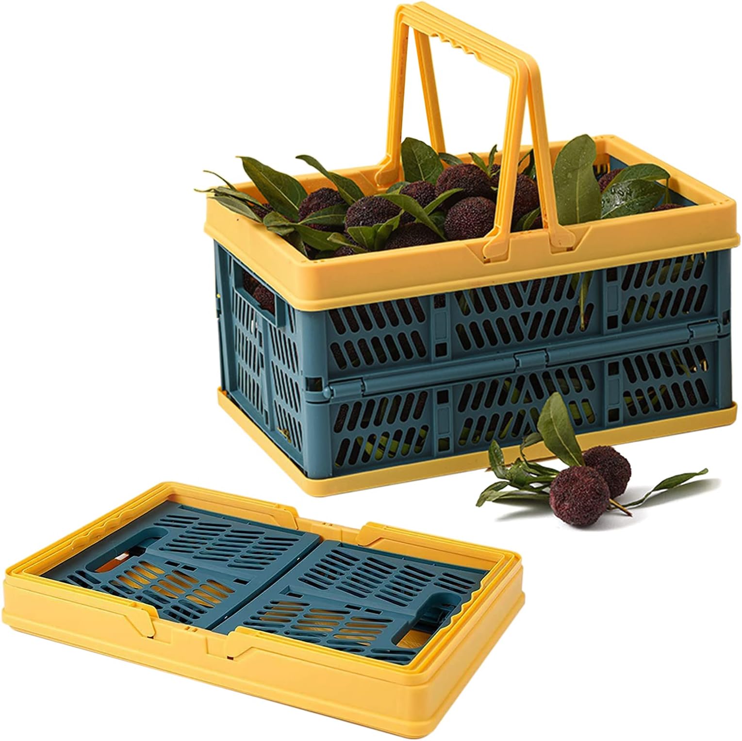 Jujulada Collapsible Shopping Basket, Blue & Yellow, Plastic, Rectangular, Rustic Outdoor, 29.8x19.8x16.3cm, 0.1kg, Foldable, Lightweight, No Lid, Outdoor Use