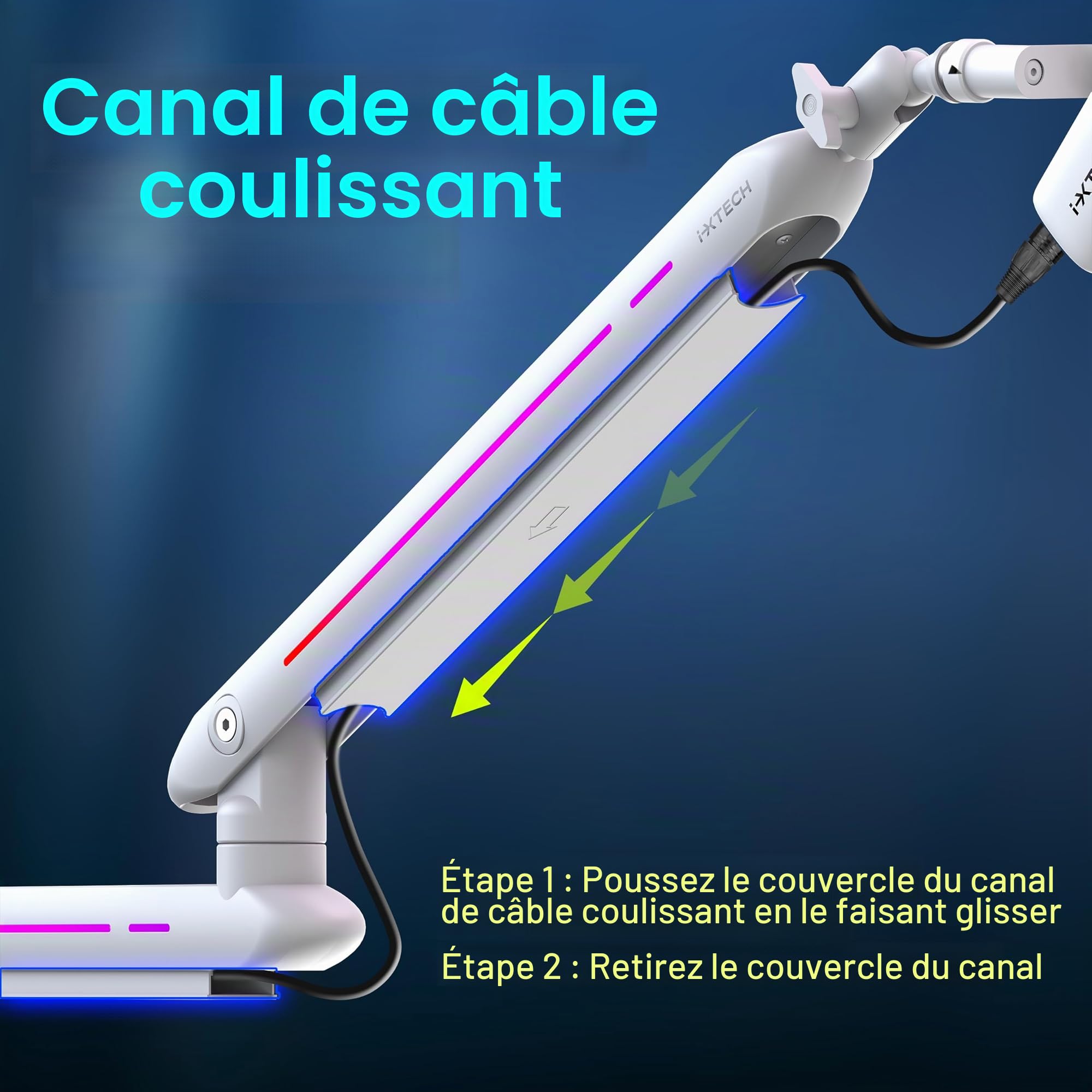 IXTECH Bras de microphone RVB à profil bas pour micro, support de microphone réglable avec pince de fixation de bureau, bras rotatif avec gestion des câbles pour podcast, streaming, studio de jeu