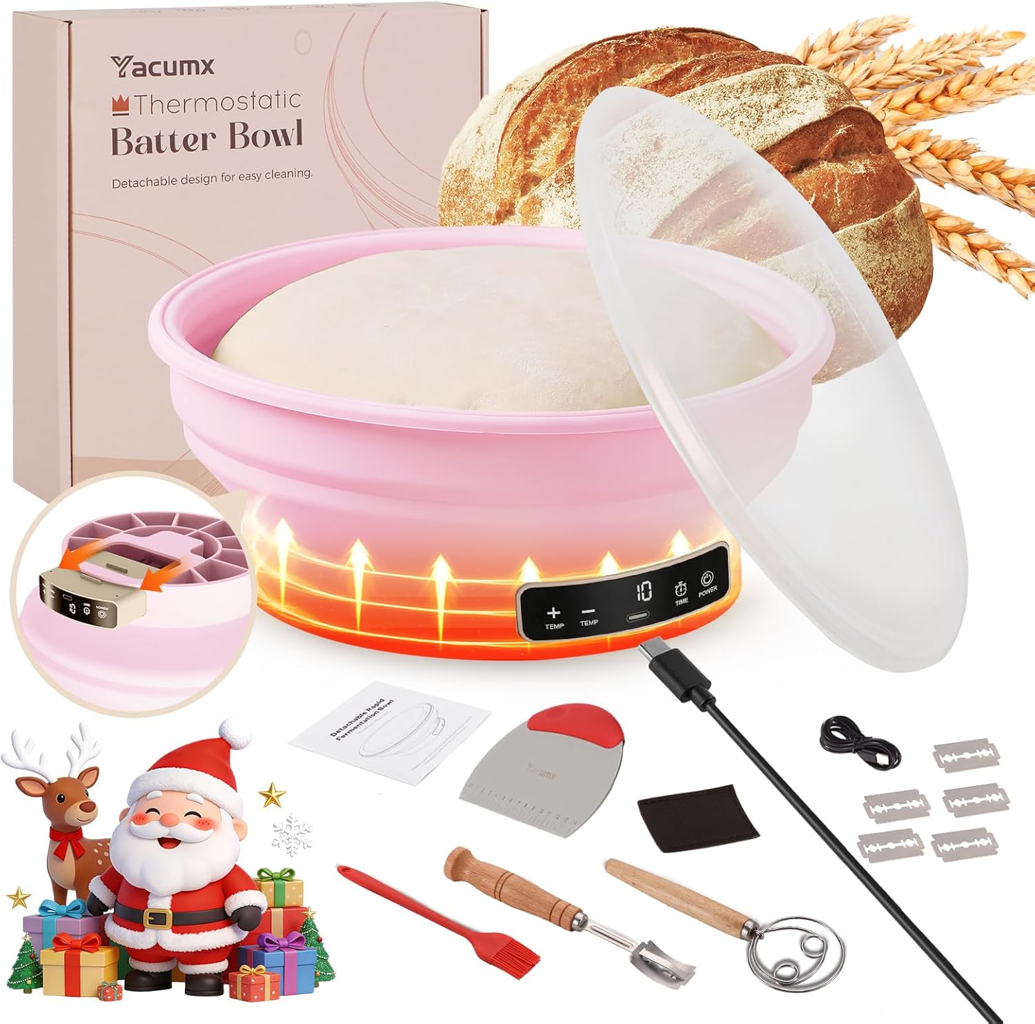 Electric Sourdough Starter Kit with 6-Temp (77-122℉) Control & Timer – 9″ Foldable Sourdough Bread Baking Supplies & Dough Warmer – Complete Banneton Bread Proofing Basket Set for Home Bakers,Pink