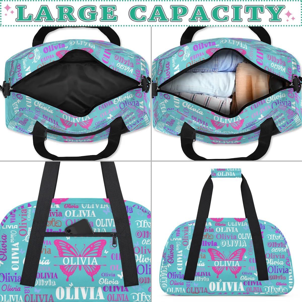 Custom Name Sports Duffel Bag with Butterflies, Personalized Gym Sport Duffel Cheerleading Bag Travel Weekender Tote Carry-On Bag, Lake Blue Background