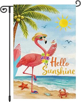 Louise Maelys Summer Garden Flag 12x18 Inch, Hello Sunshine Flamingo Beach Yard Flag, Tropical Outdoor Double Sided Banner Sign for Lawn Porch Patio Decor