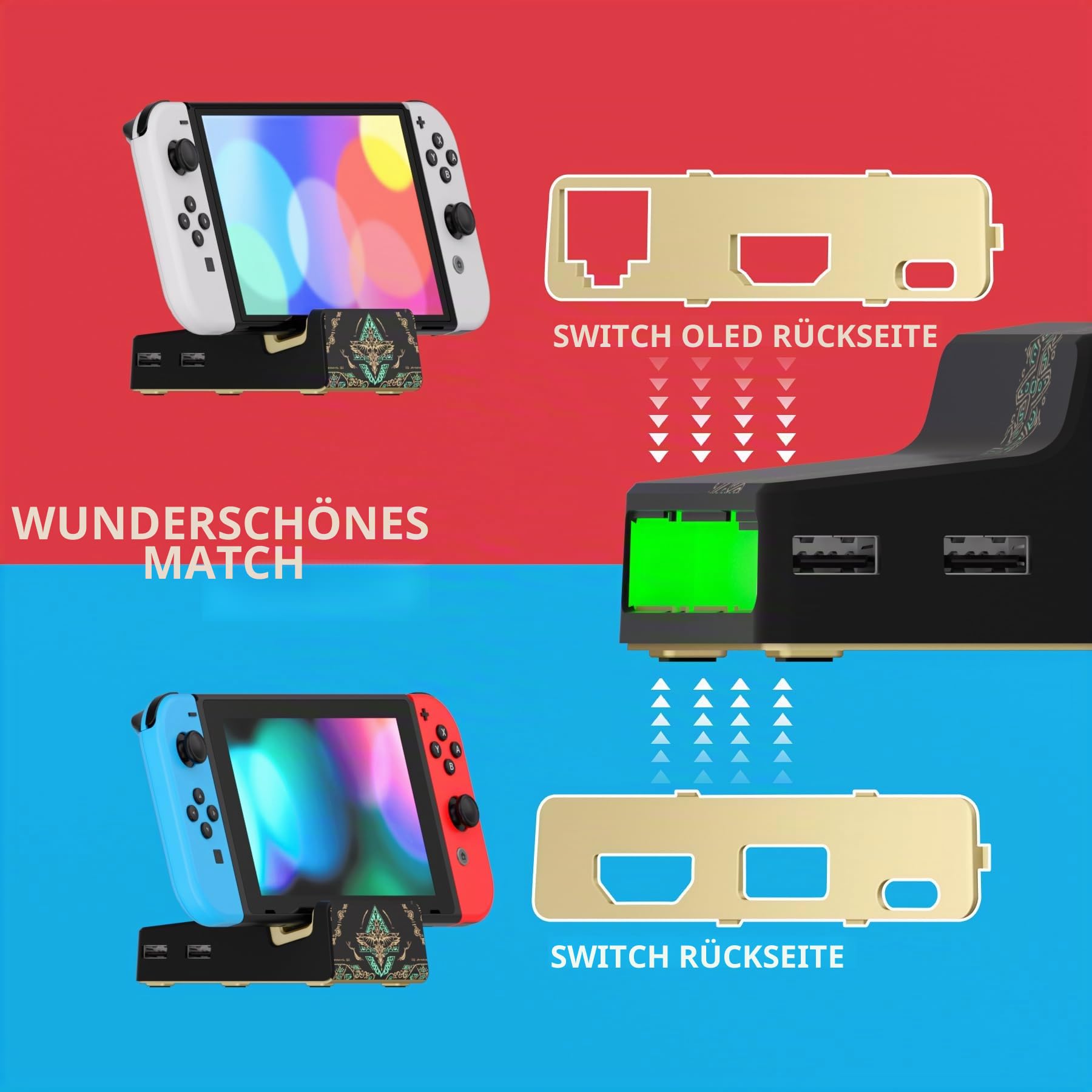 eXtremeRate AiryDocky DIY-Ersatz Gehäuse Case für Nintendo Switch/OLED Dock, Re-Design Tragbar Mini Dock Cover für Switch Docking Station-Totem of Kingdom Schwarz