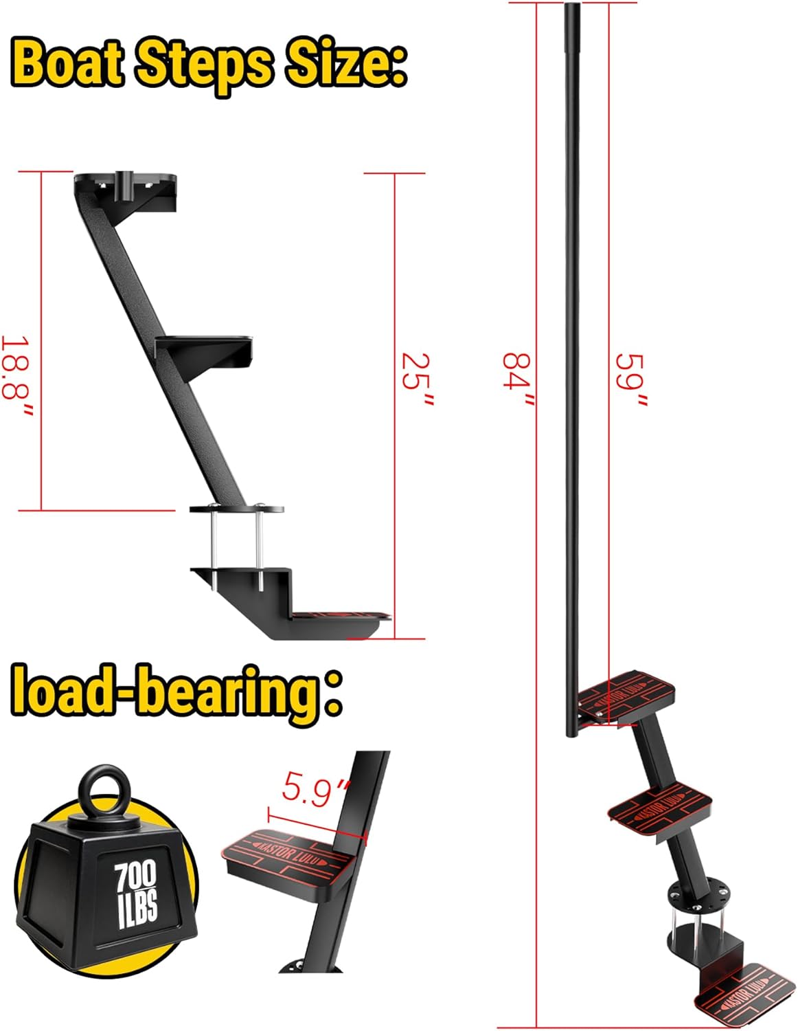Heavy Duty Boat Trailer Steps with Safety Handle, EVA Anti-Slip Mat, 700 Lbs Capacity, 3 Step Tongue Ladder with Handle, Easy Installation, Universal Fits for Trailers Tongue Steps