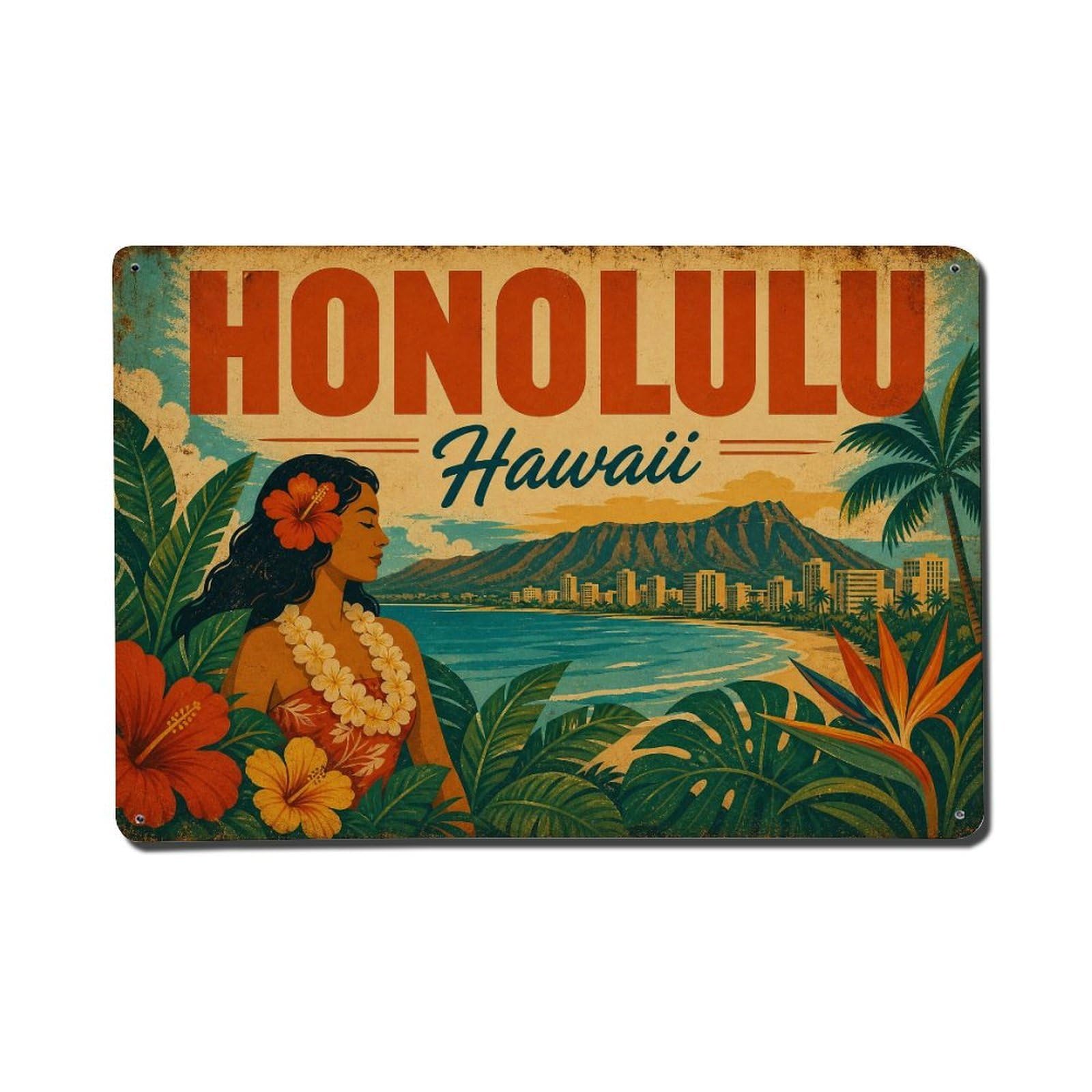 Huiyhb 8X12inch(20X30cm) Vintage Travel Honolulu Hawaii Tropics Metal Tin Sign